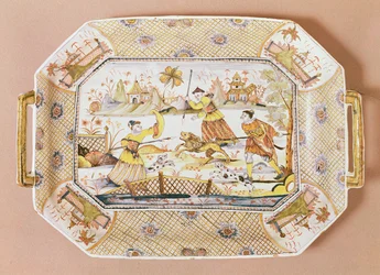 Achteckige Schale mit einem chinesischen Muster einer Löwenjagd, um 1730